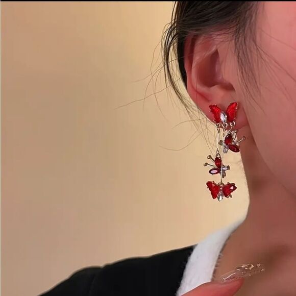 Red Butterfly Dangle Earrings - Picture 2 of 3